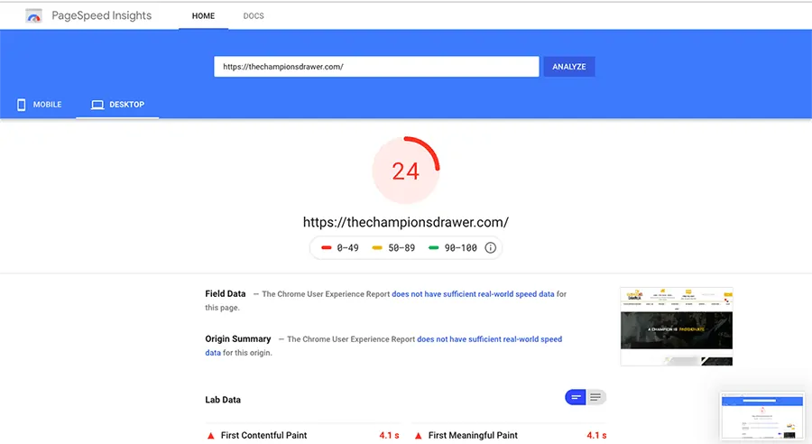 The Champion's Drawer website speed before optimisation